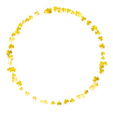 Aziz Patrick Günü için yem arkaplanı. Şanslı folyo konfetisi. Yonca yapraklarından parlak bir çerçeve. Makbuz şablonu, özel iş ilanı, afiş. Dublin yoncası arkaplanı.