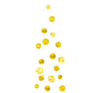 İzole edilmiş arka planda noktalı düğün simleri konfetisi. Metalik pırıltısıyla düşen pullar. Tebrik kartı, düğün öncesi parti ve davetiye için altın parıltılı tasarım..