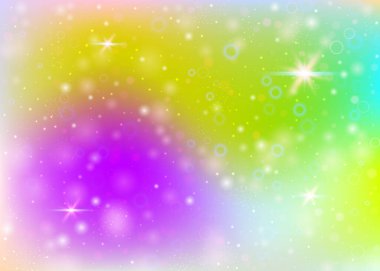 Gökkuşağı örgülü peri arkaplanı. Prenses renginde sevimli evren afişi. Hologramla fantezi gradyanı. Sihirli parıltıları, yıldızları ve bulanıklıkları olan holografik peri arkaplanı.