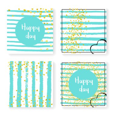 Parlak konfeti ve çizgili düğün davetiyesi. Nane ve beyaz arka planda altın kalpler ve noktalar. Düğün davetiyeli tasarım parti, etkinlik, düğün partisi, tarih kartı kaydet.