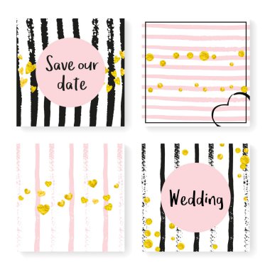 Çizgili düğün simleri konfetisi. Davetiye ayarlandı. Siyah ve pembe arka planda altın kalpler ve noktalar. Parti, etkinlik, gelin partisi için düğün simli tasarım, tarih kartını kaydet.