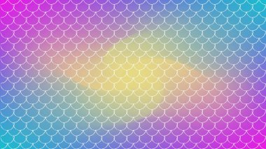 Eğilimli arka planda balık derisi. Balık derisi süslemeli yatay zemin. Parlak renk değişimi. Deniz kızı kuyruğu afişi ve davetiyesi. Su altı deseni. Gökkuşağı renkleri.