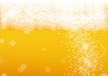 Bira festivali arka planı ve gerçekçi baloncuklar. Bar ve bar tasarımı için serin sıvı içecek, afişler ve afişler. Sarı yatay bira festivali arka planı köpüklü. Bira fabrikası tasarımı için soğuk bir bardak bira..