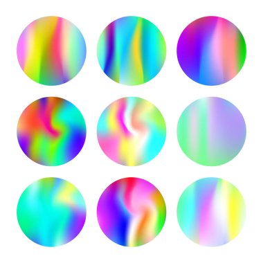 Gradyan örgü soyut arkaplan seti. Gradyan örgülü holografik arkaplan. 90 'lar, 80' ler modası. Pankart, uçucu, kapak, mobil arayüz, web uygulaması için yanardöner grafik şablonu.