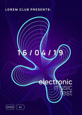 Elektronik şenlik. Yaratıcı kapak şablonu. Dinamik gradyan şekil ve çizgi. Neon Elektronik Festivali broşürü. Elektro dans müziği. Trans ses. Kulüp afişi. Tekno dj partisi.