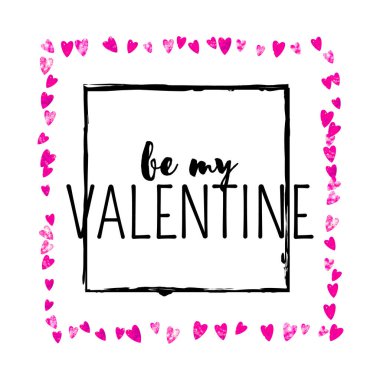 Pembe kalpli sevgililer günü kartı. 14 Şubat. Sevgililer Günü kartı şablonu için vektör konfetisi. Grunge el çizimi dokusu. Parti daveti, perakende satış teklifi ve reklam için aşk teması.