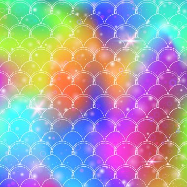 Kawaii deniz kızı desenli gökkuşağı pulları. Sihirli parıltılı ve yıldızlı balık kuyruğu afişi. Kız partisi için deniz fantezisi davetiyesi. Gökkuşağı pullu modaya uygun arkaplan.