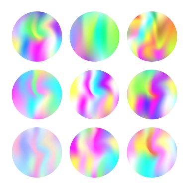 Gradyan örgü soyut arkaplan seti. Gradyan örgülü renkli holografik arkaplan. 90 'lar, 80' ler modası. Broşür, el ilanı, poster, duvar kağıdı, mobil ekran için Pearlescent grafik şablonu.