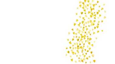 Altın kalpli sevgililer günü arkaplanı. 14 Şubat günü. Sevgililer Günü için vektör konfetisi. Grunge el çizimi dokusu. Parti daveti, perakende satış teklifi ve reklam için aşk teması.