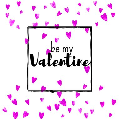 Pembe kalpli sevgililer günü kartı. 14 Şubat. Sevgililer Günü kartı şablonu için vektör konfetisi. Grunge el çizimi dokusu. Parti daveti, perakende satış teklifi ve reklam için aşk teması.