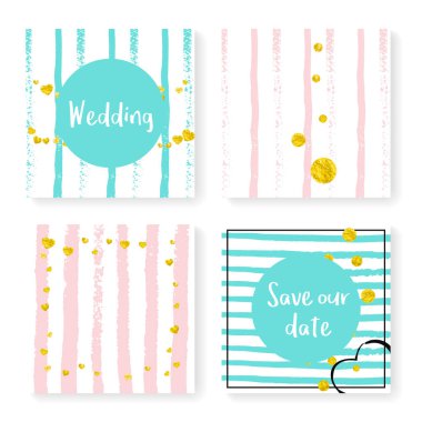 Parlak konfeti ve çizgili düğün davetiyesi. Pembe ve nane arkaplanda altın kalpler ve noktalar. Düğün davetiyesi şablonu parti, etkinlik, düğün partisi, tarih kartını kaydet.