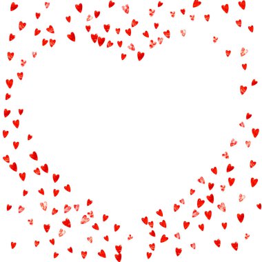 Sevgililer günü için pembe parıltılı kalp çerçevesi. 14 Şubat günü. Kalp şablonu için vektör konfetisi. Grunge el çizimi dokusu. Parti daveti, perakende satış teklifi ve reklam için aşk teması.