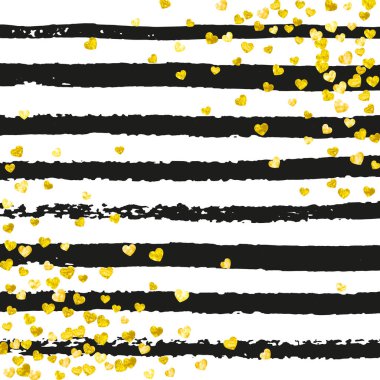 Siyah çizgili bir kalple gösterişli düğün konfetisi. Metalik pırıltısıyla düşen pullar. Parti davetiyesi, etkinlik afişi, broşürü, doğum günü kartı için altın parıltılı tasarım..