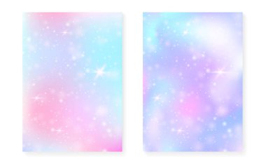 Kawaii Prenses Gradient ile gökkuşağı arka planı. Sihirli tek boynuzlu at hologramı. Holografik peri seti. Fantezi kapağı. Parıltılı gökkuşağı arkaplanı ve güzel kız partisi daveti için yıldızlar.