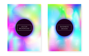 Bauhaus sıvılarla kaplı. Gradyan memphis geçmişi olan dinamik holografik sıvı. Broşür, pankart, duvar kağıdı, mobil ekran için grafiksel şablon. Spektrum bauhaus kapağı seti.