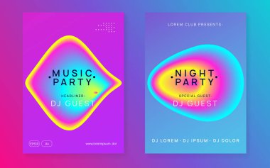 Müzik afişi. Bright techno show dergisi şablonu. Akışkan holografik gradyan şekil ve çizgi. Elektronik ses. Gece dansı yaşam tarzı tatili. Yaz festivali ilanı ve müzik afişi..