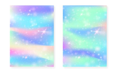 Kawaii Prenses Gradient ile gökkuşağı arka planı. Sihirli tek boynuzlu at hologramı. Holografik peri seti. Spektrum fantezi kapağı. Parıltılı gökkuşağı arkaplanı ve güzel kız partisi daveti için yıldızlar.