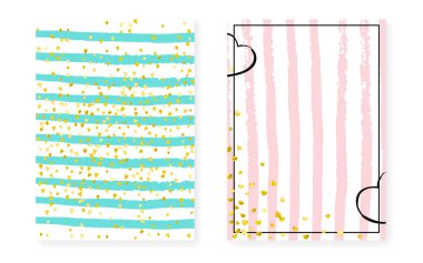 Noktalı ve pullu bir düğün. Altın yaldızlı konfetiyle düğün davetiyesi. Dikey çizgili arka plan. Hipster düğün seti parti için, olay, tarih ilanını kaydet.