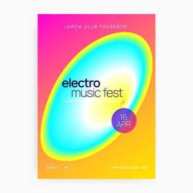 Müzik posteri. Geometrik trans konser tasarımı. Elektronik ses. Gece dansı yaşam tarzı tatili. Akışkan holografik gradyan şekil ve çizgi. Yaz festivali ilanı ve müzik afişi..