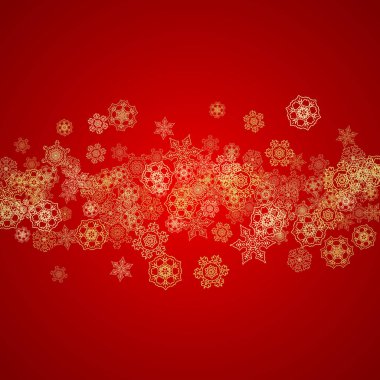 Kırmızı arka planda Noel kar taneleri. Mevsimlik kış afişleri için ışıltılı çerçeve, hediye kuponu, kupon, reklam, parti etkinliği. Noel Baba 'nın renkleri ve altın Noel kar taneleri. Tatil için kar yağıyor.