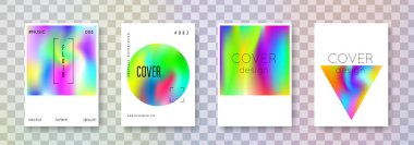 Holografik poster seti. Soyut arka planlar. Gradyan örgülü neon holografik poster. 90 'lar, 80' ler modası. Broşür, pankart, duvar kağıdı, mobil ekran için yanardöner grafik şablonu