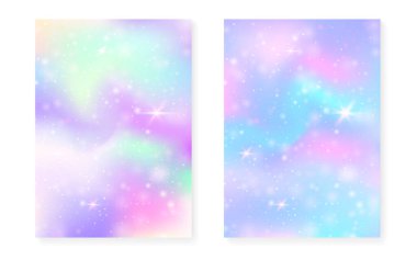 Kawaii arka planında gökkuşağı prensesi gradyanı var. Sihirli tek boynuzlu at hologramı. Holografik peri seti. Spektrum fantezi kapağı. Kawaii 'nin geçmişinde güzel kız partisi daveti için ışıltılar ve yıldızlar var..