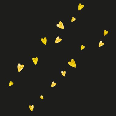 Sevgililer günü çerçevesinde altın parıltılı kalpler. 14 Şubat günü. Sevgililer Günü şablonu için vektör konfetisi. Grunge el çizimi dokusu. Poster, hediye çeki ve afiş için aşk teması.