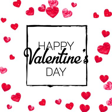 Kırmızı kalpli sevgililer günü kartı mı? 14 Şubat. Sevgililer Günü kartı şablonu için vektör konfetisi. Grunge el çizimi dokusu. Özel iş teklifi, afiş, broşür için aşk teması.