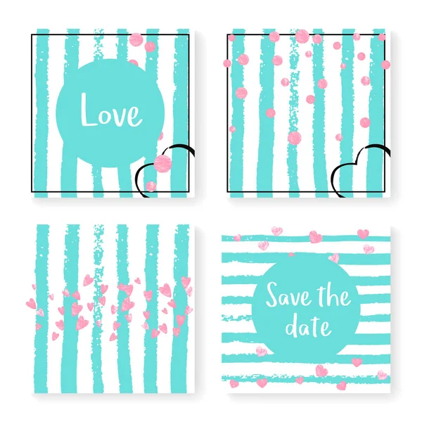 Wedding Stripes Glitter Confetti Invitation Set Pink Hearts Dots Mint — Stock Vector