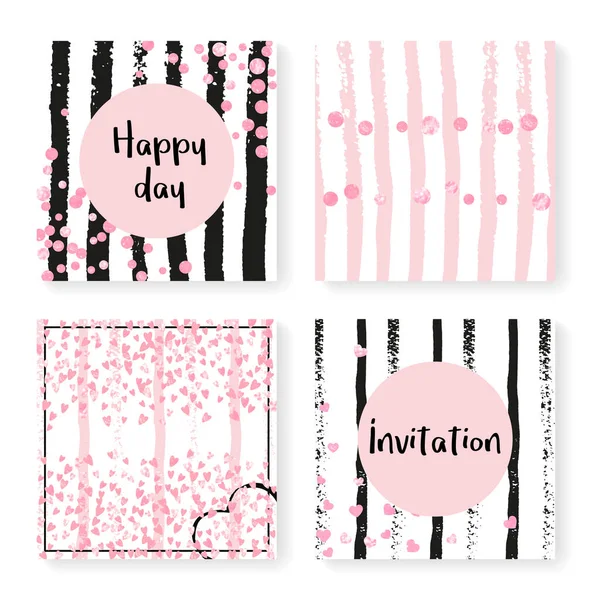 Wedding Invitation Set Glitter Confetti Stripes Pink Hearts Dots Black — Stock Vector