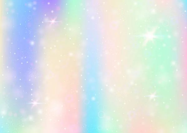虹のメッシュと妖精の背景 プリンセスカラーのかわいい宇宙バナー ホログラムでファンタジーグラデーションの背景 魔法の輝きとホログラフィック妖精の背景 星とぼかし — ストックベクタ