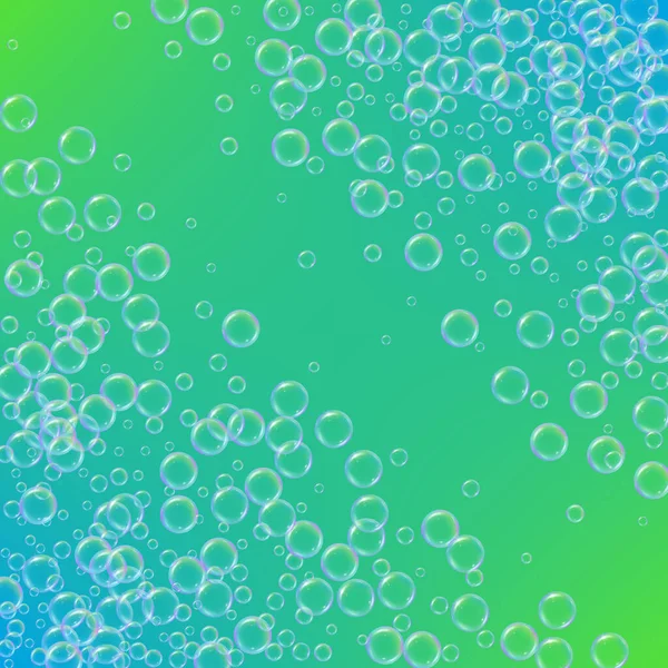 在梯度背景上清洗泡沫 现实的水泡3D 凉爽的彩虹色液体泡沫与洗发水泡沫 化妆品传单和邀请函 洗浴和淋浴用肥皂 — 图库矢量图片