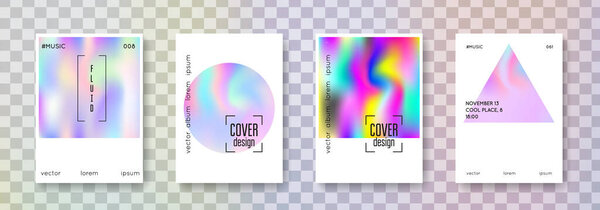 Holographic poster set. Abstract backgrounds. Memphis holographic poster with gradient mesh. 90s, 80s retro style. Iridescent graphic template for placard, presentation, banner, brochure.