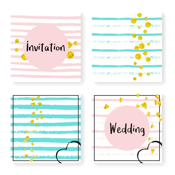 Confettis Mariage Avec Des Rayures Invitation Prête Coeurs Points Dorés — Image vectorielle