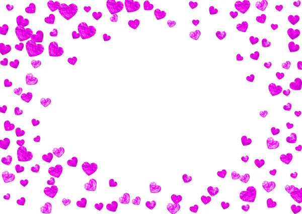 ピンクの輝きとハートボーダーの背景 バレンタインデー ベクトル コンフェッティ 手描きの質感 パーティーの招待状 小売オファー 広告のテーマが大好きです ハートボーダー付きの結婚式とブライダルテンプレート — ストックベクタ