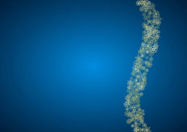 青い背景に新年の雪 金色の輝きの雪片 クリスマスと新年の雪の背景に落ちる シーズン販売のために 特別なオファー バナー カード パーティー招待 チラシ 水平方向の霜冬 — ストックベクタ