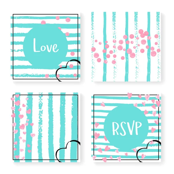 Wedding Confetti Stripes Invitation Set Pink Hearts Dots Mint White — Stock Vector