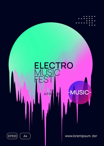 Music fest. Fluid holographic gradient shape and line. Bright disco show banner design. Electronic sound. Night dance lifestyle holiday. Summer poster and music fest flyer.