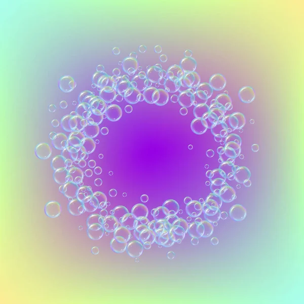 Tvål Skum Lutning Bakgrund Realistiska Vattenbubblor Cool Regnbågsfärgad Flytande Skum — Stock vektor