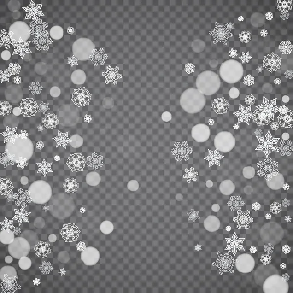 在透明的灰色背景上孤立的雪花 冬季销售 圣诞新年派对请帖设计 横幅销售 冬天的雪窗魔法水晶隔离了雪花 — 图库矢量图片
