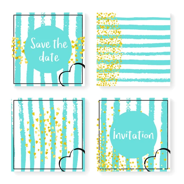 Wedding Invite Set Glitter Confetti Stripes Gold Hearts Dots Mint — Stock Vector