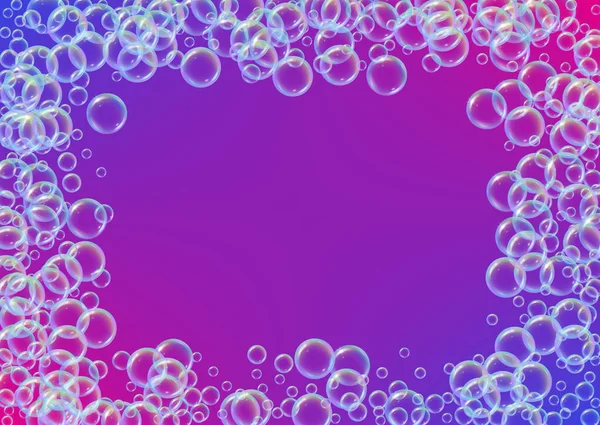 グラデーションの背景に泡をきれいにする 現実的な水の泡3D シャンプー泡でクールな虹色の液体泡 水平化粧チラシと招待 お風呂やシャワー用石鹸泡の洗浄 — ストックベクタ