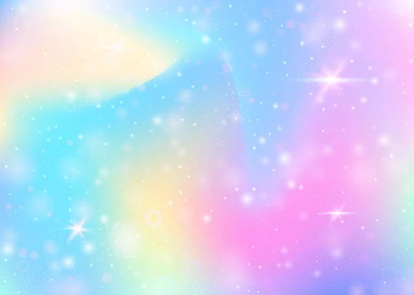 虹色のメッシュで魔法の背景 プリンセスカラーのガーリッシュ宇宙バナー ホログラムでファンタジーグラデーションの背景 妖精の輝きとホログラフィックな魔法の背景 星とぼかし — ストックベクタ