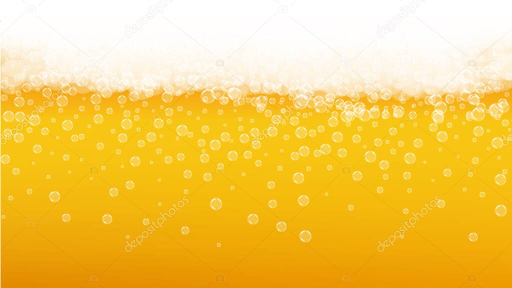 Splash beer. Background for craft lager. Oktoberfest foam. Bubbly pint of ale with realistic white bubbles. Cool liquid drink for pub banner concept. Gold bottle with splash beer.