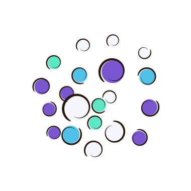 Çizgi roman puantiyeli konfeti ile sanat eseri sınırında. Büyük renkli noktalar, spiraller ve beyaz daireler. Vektör çizimi. Parlak çocuklar doğum günü partisi için sıçrıyor. Gökkuşağı pop sanat kenarı.