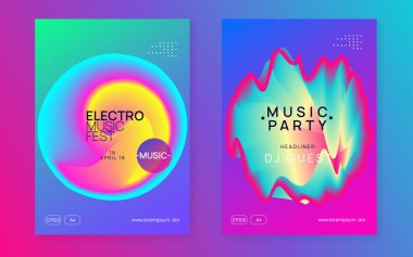 Müzik broşürü seti. Elektronik ses. Gece dansı yaşam tarzı tatili. Minimum elektro olay dergisi düzeni. Akışkan holografik gradyan şekil ve çizgi. Yaz festivali ve müzik broşürü posteri..