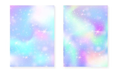 Prenses gökkuşağı gradyanı ile sihirli arka plan. Kawaii tek boynuzlu at hologramı. Holografik peri seti. Yaratıcı fantezi kapağı. Tatlı kız daveti için ışıltılı ve yıldızlı sihirli bir arka plan..
