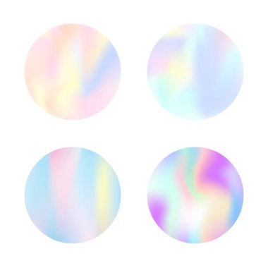Gradyan yuvarlak set ve holografik ağ. Asgari soyut eğimli yuvarlak arka planlar. 90 'lar, 80' ler modası. Pankart, el ilanı, kapak, mobil arayüz, web uygulaması için Pearlescent grafik şablonu.