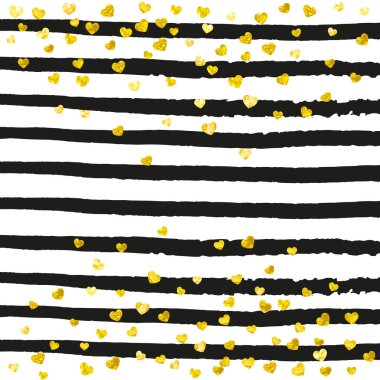 Siyah çizgili altın parıltılı konfeti. Metalik pırıltısıyla düşen pullar. Parti davetiyesi, afiş, afiş, doğum günü kartı için altın parıltılı konfeti şablonu..