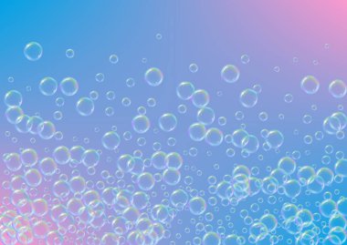 Arkaplanda sabun köpüğü var. Gerçekçi su kabarcıkları 3 boyutlu. Şampuan köpüklü serin gökkuşağı renkli sıvı köpük. Yatay kozmetik broşür ve davetiye. Banyo ve duş için sabun köpüğü. Vektör EPS10.